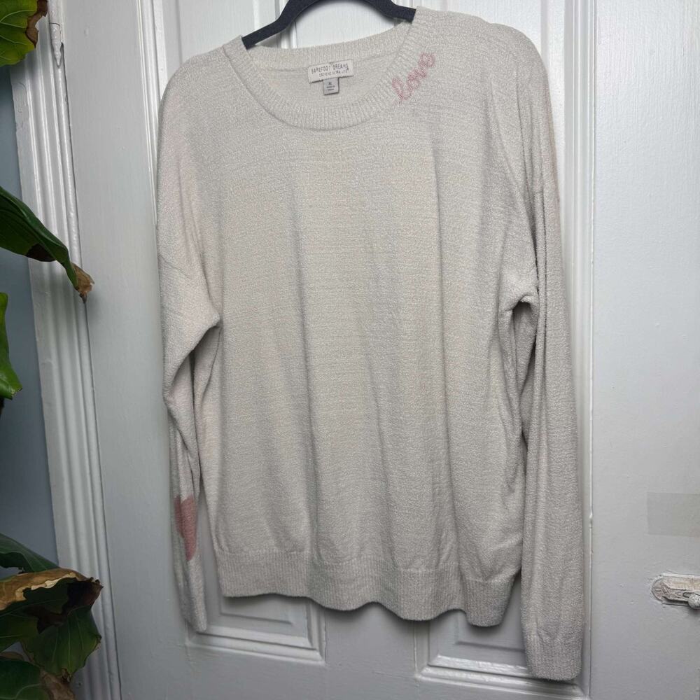 Barefoot Dreams CozyChic Ultra Lite Love Crewneck Sweater Cream Pink Womens XL
